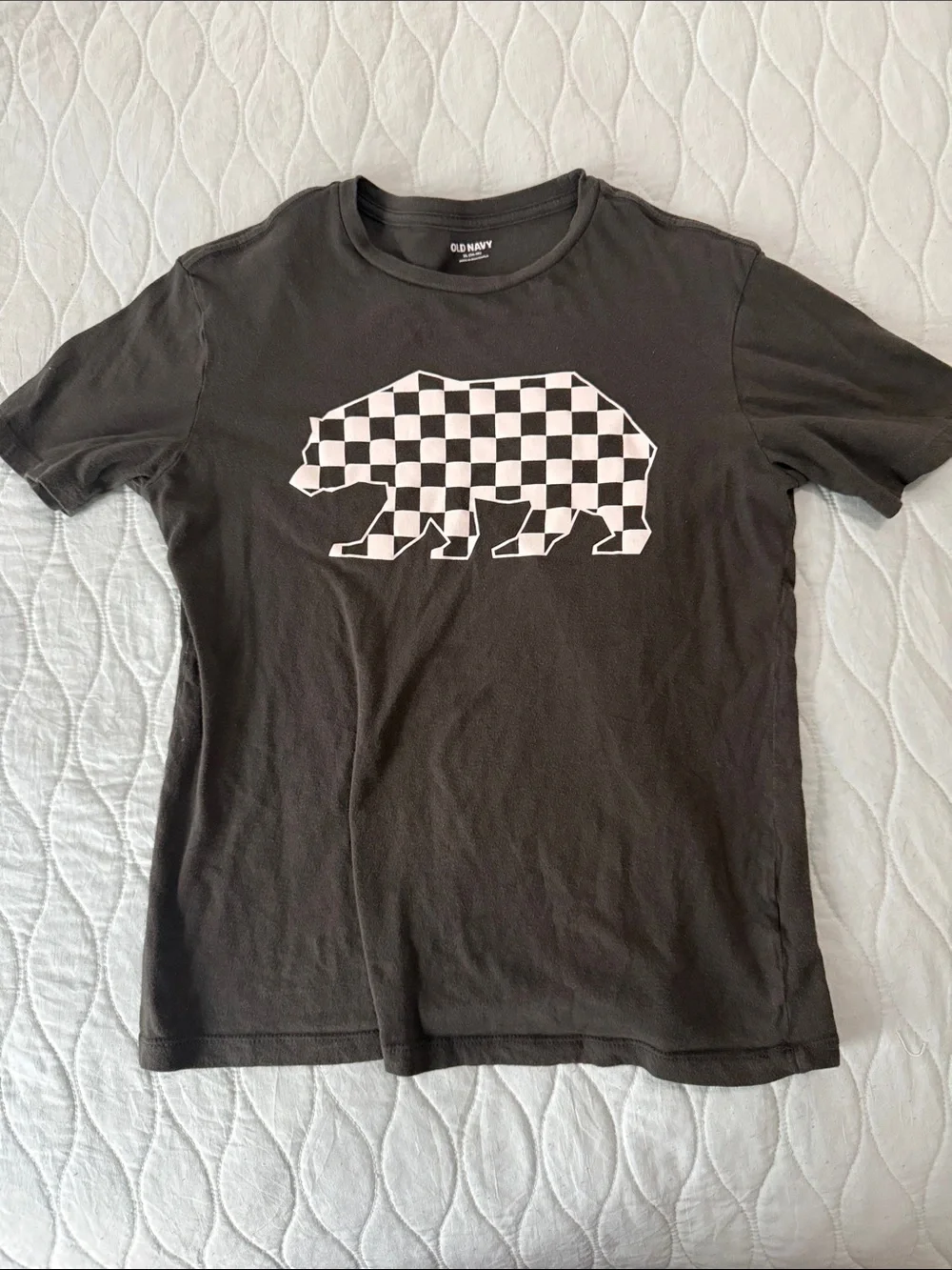 Old Navy Black Tee with White Checkered Bear Graphic